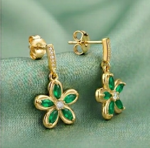 925 Sterling Silver Green Floral Drop Earrings in Yellow Gold Finish Fine Jewellery