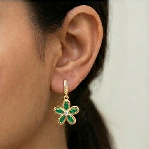 925 Sterling Silver Green Floral Drop Earrings in Yellow Gold Finish Fine Jewellery