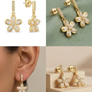 Floral Marquise Drop Earrings in 925 Sterling Silver with Gold Finish - Dainty Women's Jewellery