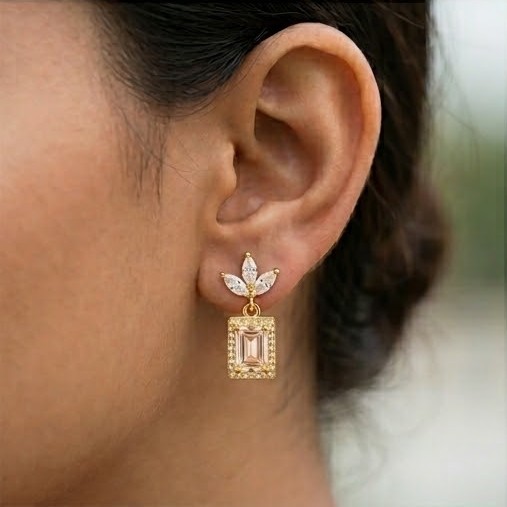 925 Sterling Silver Pink Rectangular Halo Drop Earrings in Yellow Gold Finish Women's Jewellery