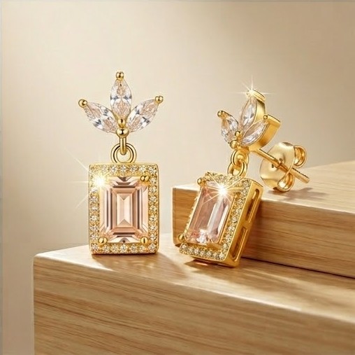 925 Sterling Silver Pink Rectangular Halo Drop Earrings in Yellow Gold Finish Women's Jewellery