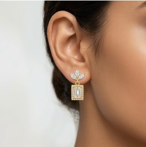 925 Sterling Silver Emerald Cut Halo Drop Earrings in Yellow Gold Finish Fine Women's Jewellery