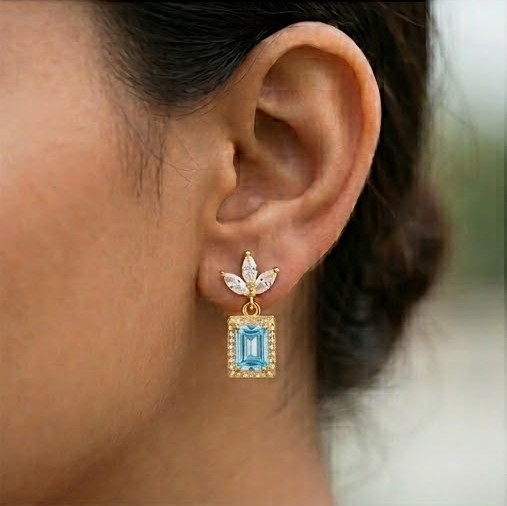 925 Sterling Silver Blue Rectangular Halo Drop Earrings in Yellow Gold Finish Fine Jewellery