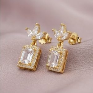 925 Sterling Silver Emerald Cut Halo Drop Earrings in Yellow Gold Finish Fine Women's Jewellery
