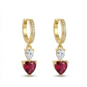 925 Sterling Silver Red Heart Dangle Hoop Earrings in Yellow Gold Finish Fine Women's Jewellery