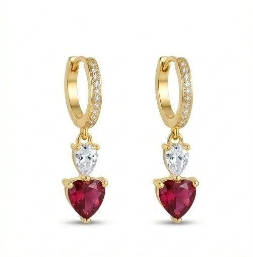 925 Sterling Silver Red Heart Dangle Hoop Earrings in Yellow Gold Finish Fine Women's Jewellery