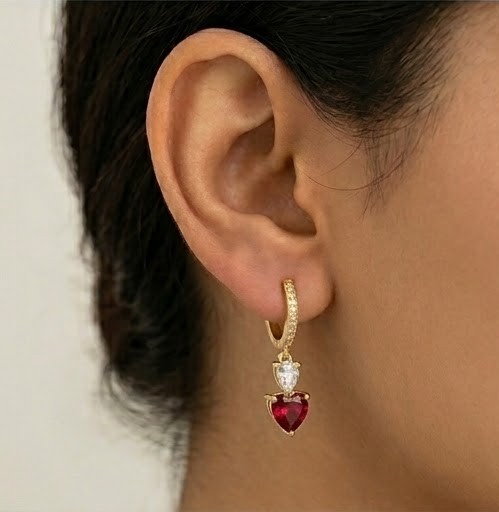 925 Sterling Silver Red Heart Dangle Hoop Earrings in Yellow Gold Finish Fine Women's Jewellery