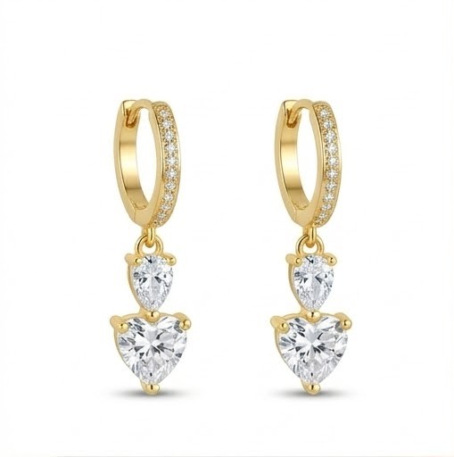 925 Sterling Silver Heart and Teardrop Dangle Hoop Earrings in Yellow Gold Finish Jewellery