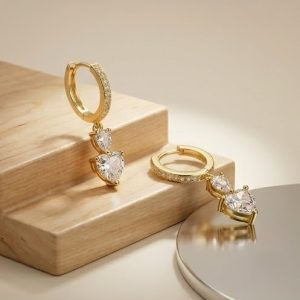 925 Sterling Silver Heart and Teardrop Dangle Hoop Earrings in Yellow Gold Finish Jewellery