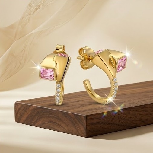 925 Sterling Silver Pink Geometric Hoop Earrings Jewellery in Gold Finish