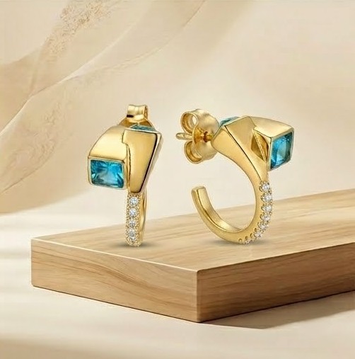 925 Sterling Silver Blue Geometric Hoop Earrings Jewellery in Gold Finish