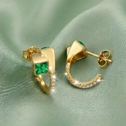 925 Sterling Silver Green Geometric Hoop Earrings Jewellery in Gold Finish