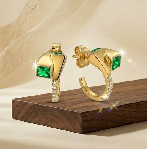 925 Sterling Silver Green Geometric Hoop Earrings Jewellery in Gold Finish