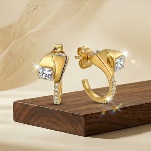 925 Sterling Silver Modern Geometric Hoop Earrings in Yellow Gold Finish Fine Jewellery