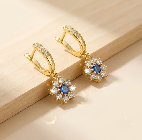 925 Sterling Silver Blue Floral Drop Earrings Jewellery in Gold Finish