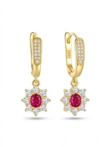 925 Sterling Silver Red Floral Drop Earrings Jewellery in Gold Finish