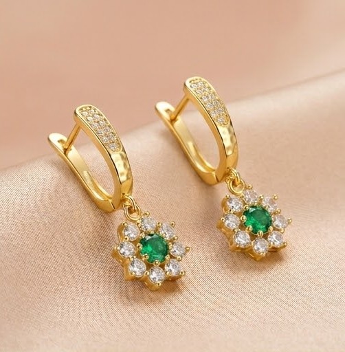 925 Sterling Silver Green Floral Drop Earrings Jewellery in Gold Finish