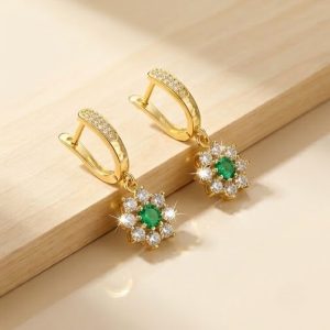 925 Sterling Silver Green Floral Drop Earrings Jewellery in Gold Finish