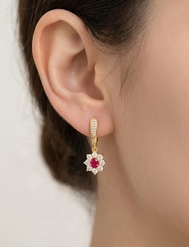 925 Sterling Silver Red Floral Drop Earrings Jewellery in Gold Finish