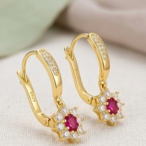 925 Sterling Silver Red Floral Drop Earrings Jewellery in Gold Finish