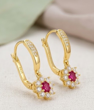 925 Sterling Silver Red Floral Drop Earrings Jewellery in Gold Finish