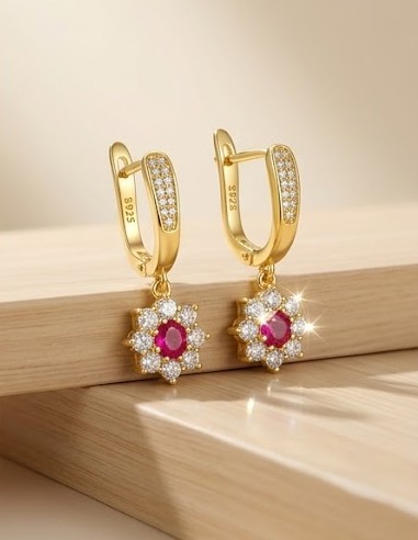925 Sterling Silver Red Floral Drop Earrings Jewellery in Gold Finish