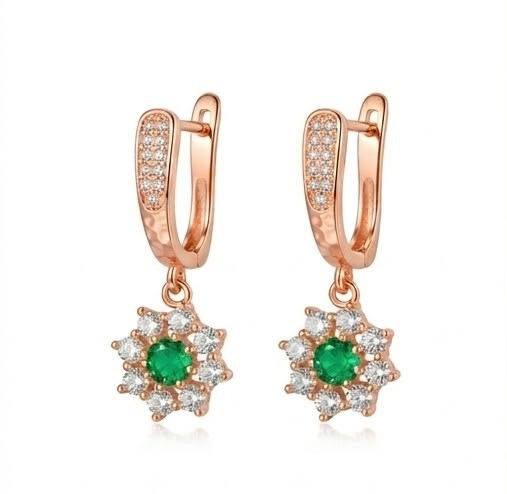 925 Sterling Silver Green Floral Drop Earrings Jewellery in Rose Gold Finish