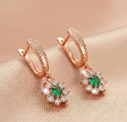 925 Sterling Silver Green Floral Drop Earrings Jewellery in Rose Gold Finish