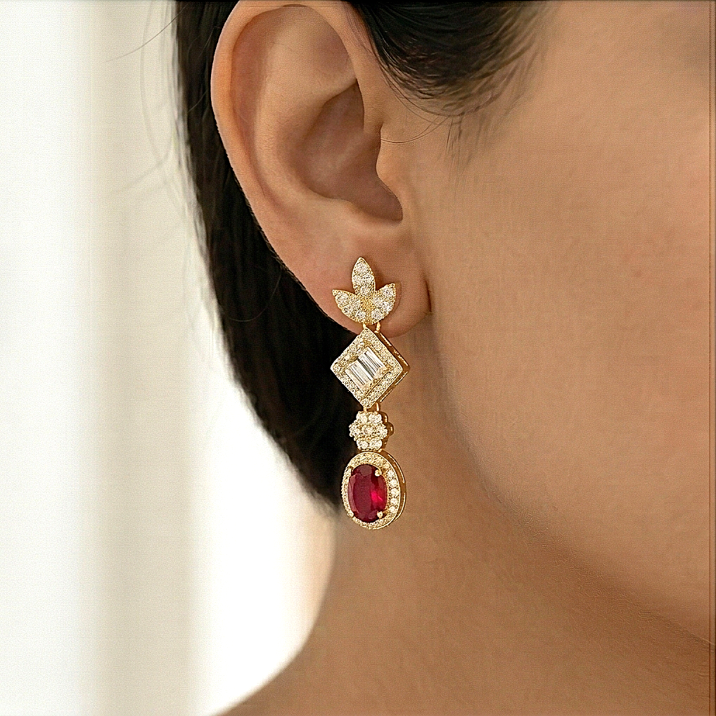 925 Sterling Silver Red Statement Dangle Earrings Jewellery in Gold Finish