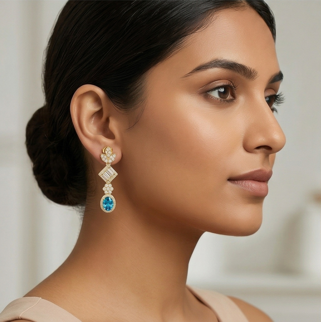 925 Sterling Silver Blue Statement Dangle Earrings Jewellery in Gold Finish