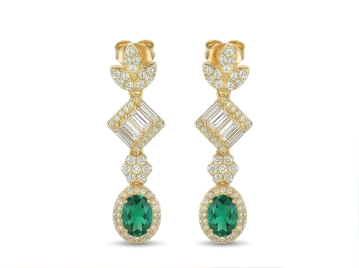 925 Sterling Silver Yellow Gold Plated Emerald Green Drop Earrings for Women Elegant Jewellery