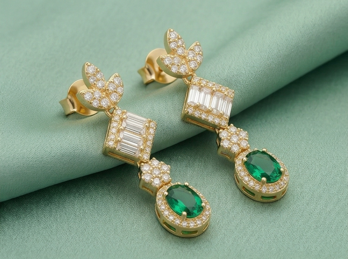 925 Sterling Silver Yellow Gold Plated Emerald Green Drop Earrings for Women Elegant Jewellery