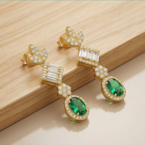 925 Sterling Silver Yellow Gold Plated Emerald Green Drop Earrings for Women Elegant Jewellery