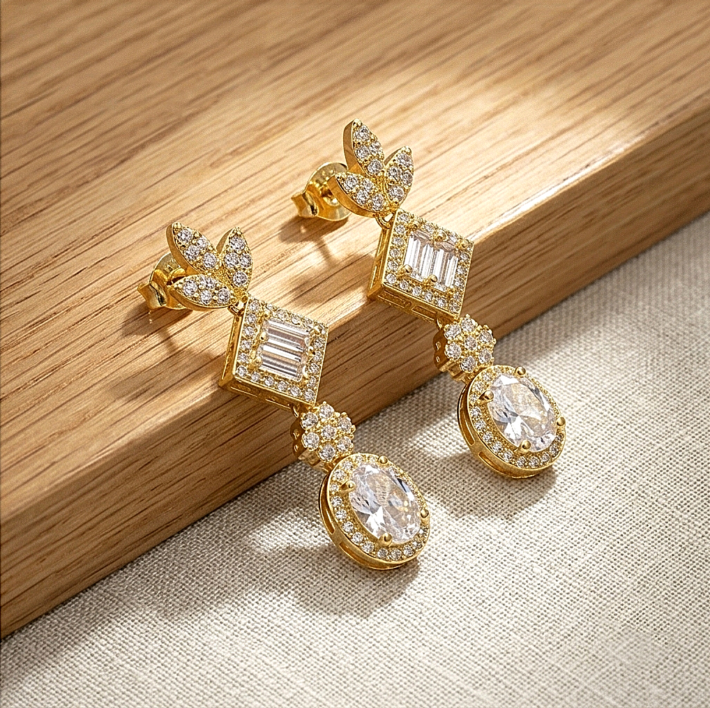 925 Sterling Silver Clear Statement Dangle Earrings Jewellery in Gold Finish