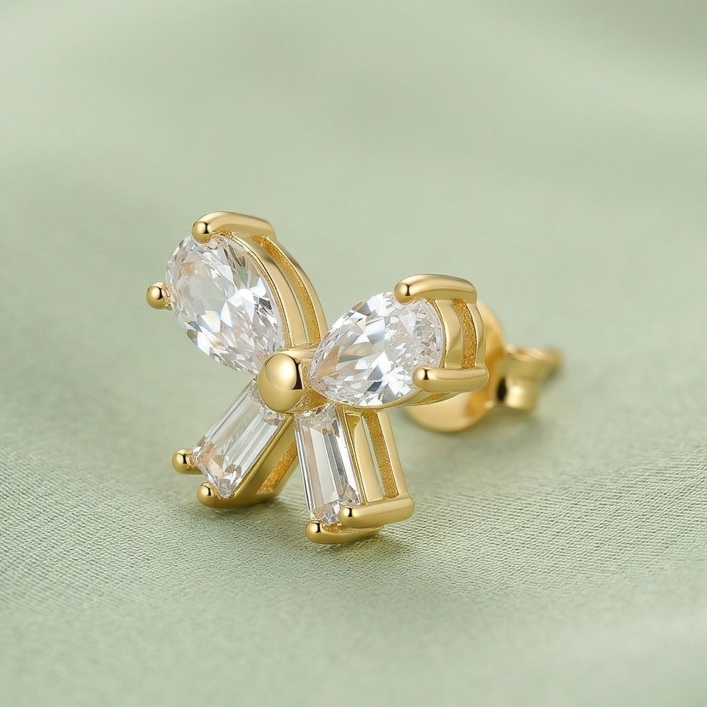 925 Sterling Silver Yellow Gold Plated Bow Stud Earrings for Women Fashion Jewellery