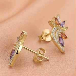 925 Sterling Silver Yellow Gold Plated Multi-Color Floral Stud Earrings for Women Festive Jewellery