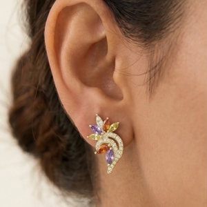 925 Sterling Silver Yellow Gold Plated Multi-Color Floral Stud Earrings for Women Festive Jewellery