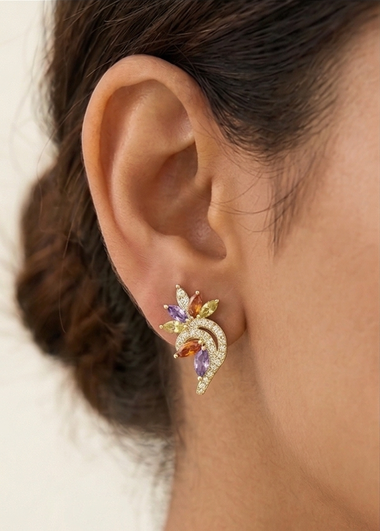 925 Sterling Silver Yellow Gold Plated Multi-Color Floral Stud Earrings for Women Festive Jewellery