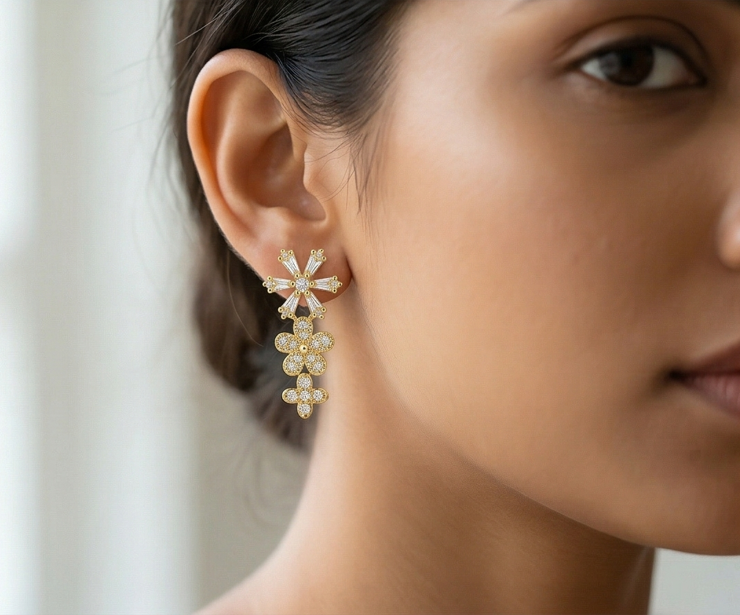 925 Sterling Silver Yellow Gold Plated Floral Drop Dangle Earrings for Women Party Wear Jewellery