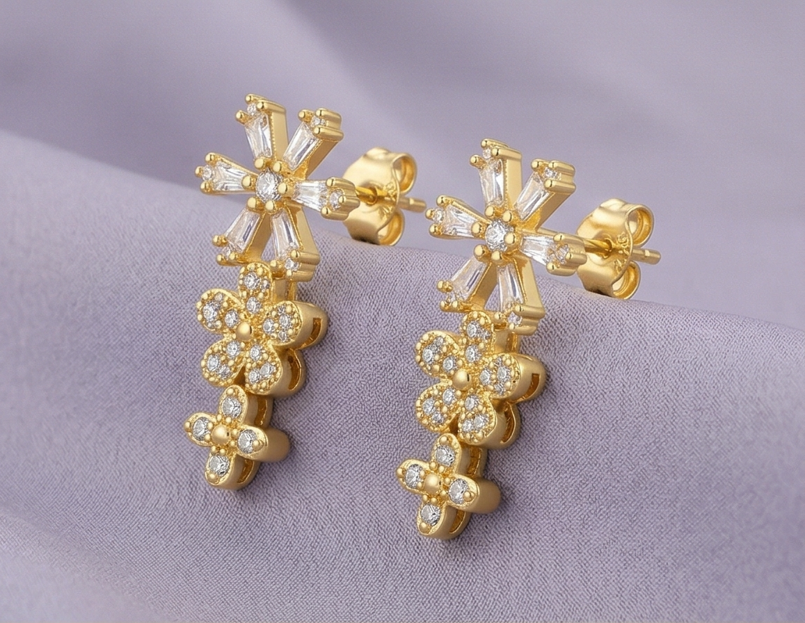 925 Sterling Silver Yellow Gold Plated Floral Drop Dangle Earrings for Women Party Wear Jewellery