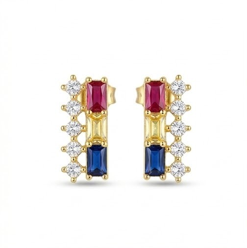 925 Sterling Silver Yellow Gold Plated Geometric Multi-Color Stud Earrings for Women Contemporary Jewellery