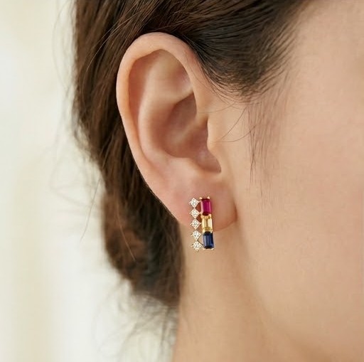 925 Sterling Silver Yellow Gold Plated Geometric Multi-Color Stud Earrings for Women Contemporary Jewellery