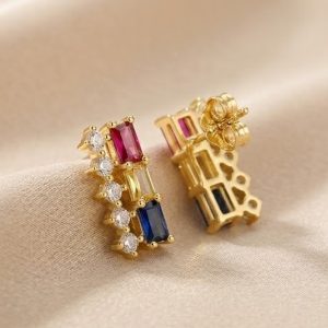 925 Sterling Silver Yellow Gold Plated Geometric Multi-Color Stud Earrings for Women Contemporary Jewellery