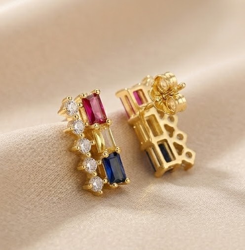 925 Sterling Silver Yellow Gold Plated Geometric Multi-Color Stud Earrings for Women Contemporary Jewellery