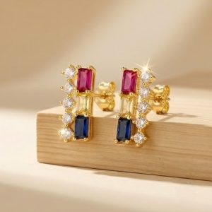 925 Sterling Silver Yellow Gold Plated Geometric Multi-Color Stud Earrings for Women Contemporary Jewellery