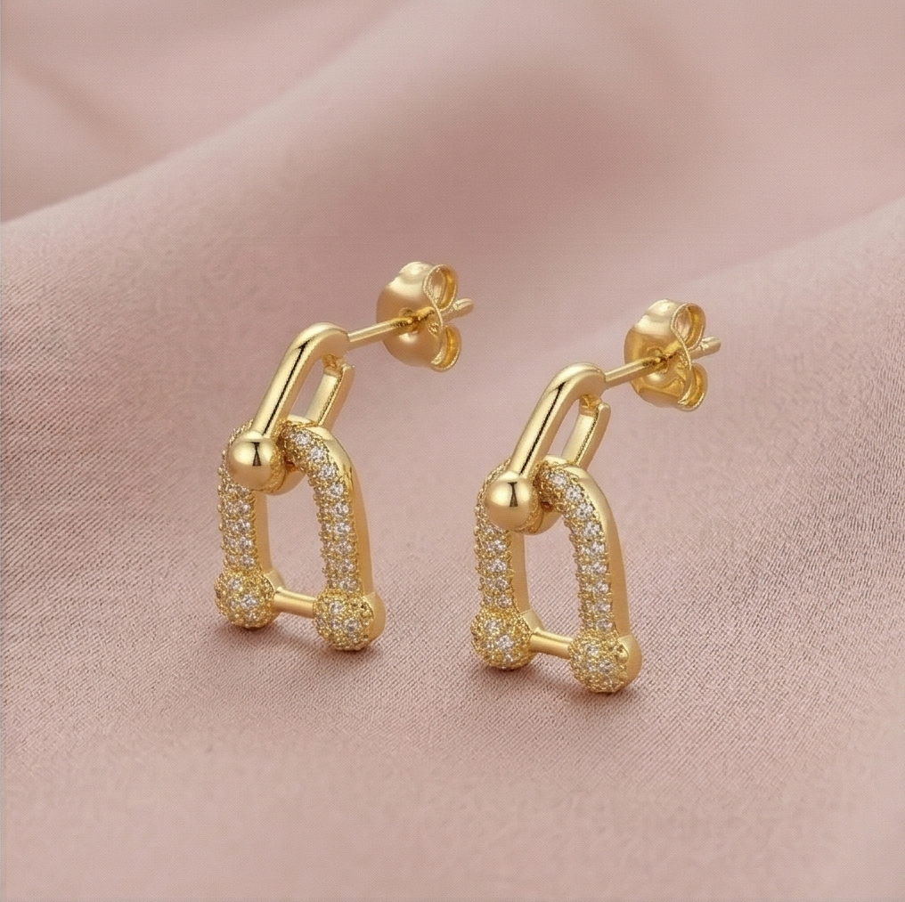 925 Sterling Silver Yellow Gold Plated U-Link Pavé Drop Earrings for Women Modern Jewellery