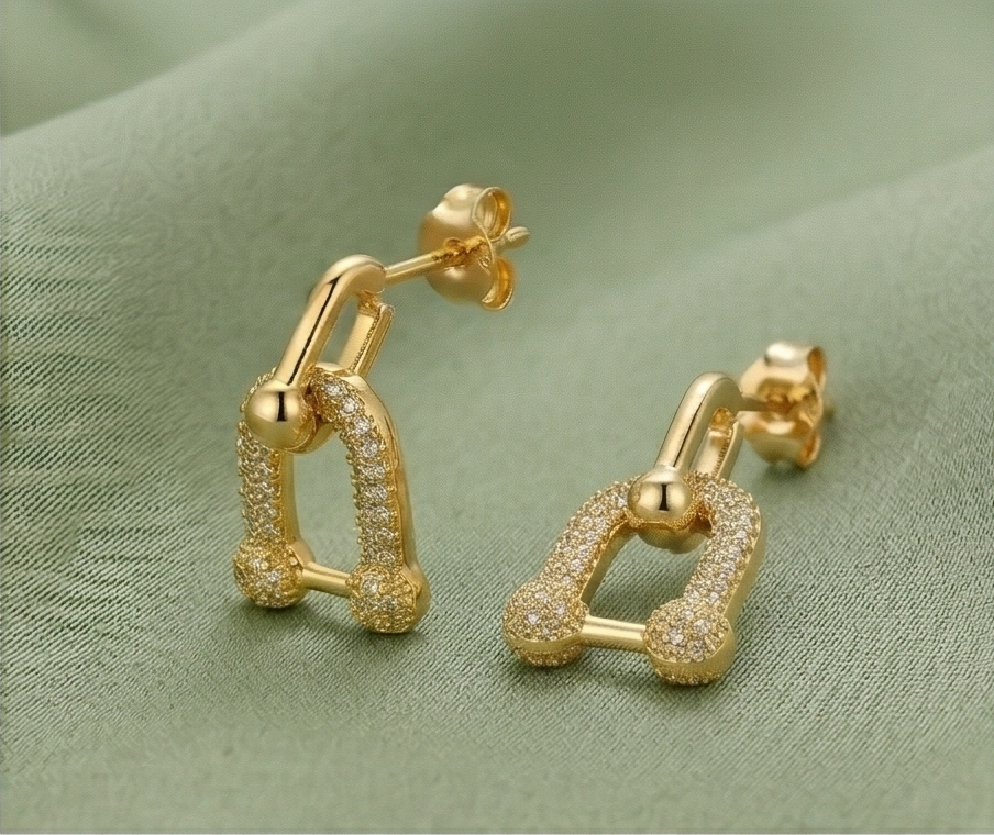 925 Sterling Silver Yellow Gold Plated U-Link Pavé Drop Earrings for Women Modern Jewellery
