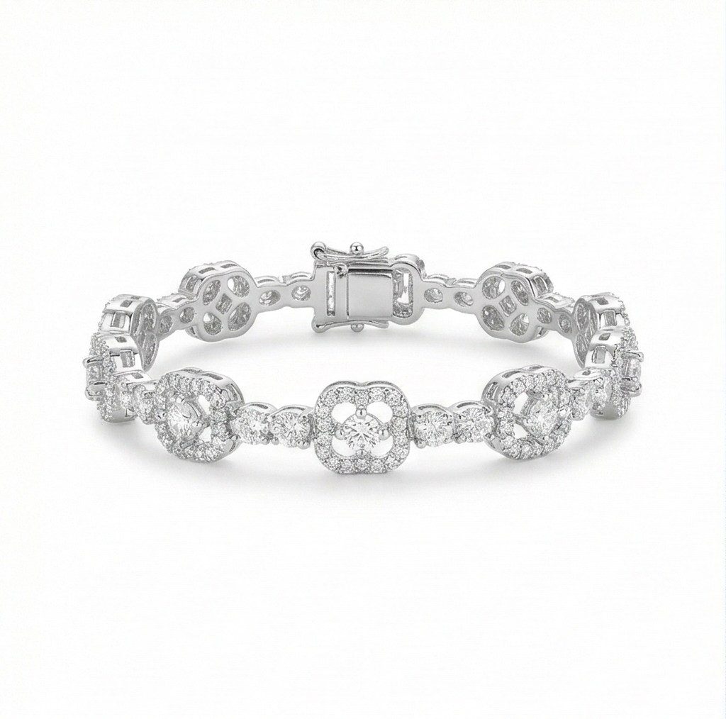 925 Sterling Silver Geometric Halo Link Bracelet High Polish Rhodium Finish Jewellery
