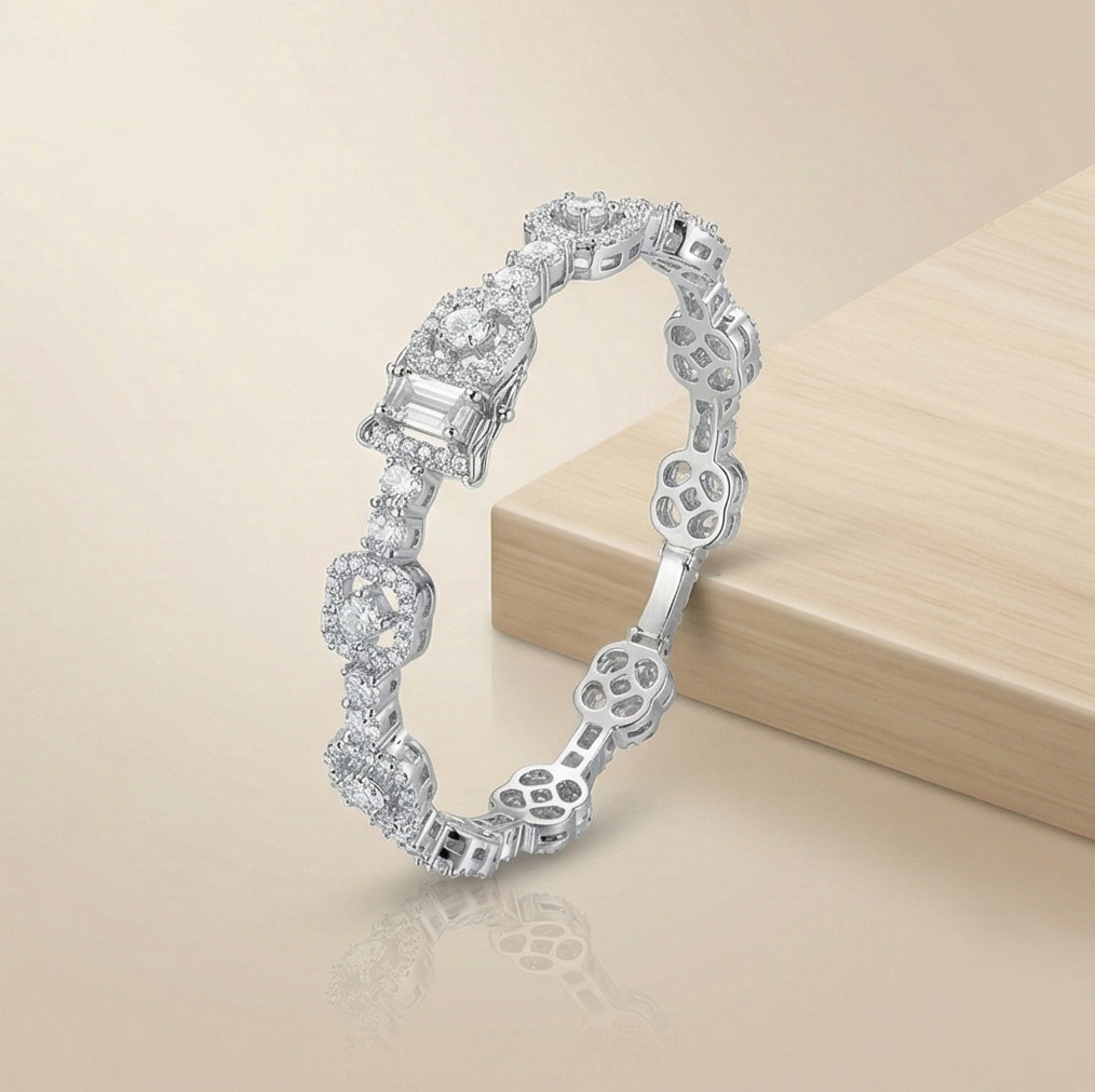 925 Sterling Silver Geometric Halo Link Bracelet High Polish Rhodium Finish Jewellery