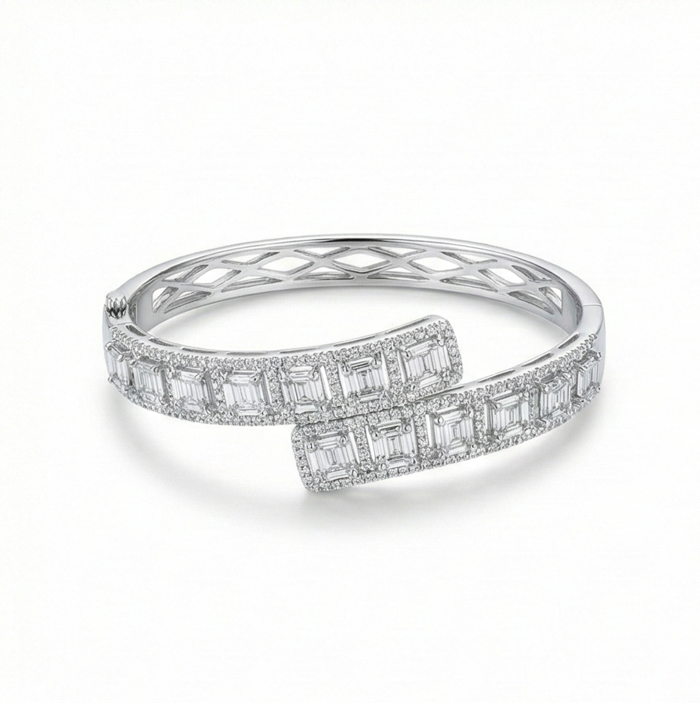 925 Sterling Silver Bypass Hinged Bangle High Polish Rhodium Finish Jewellery